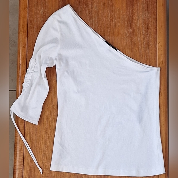 Y2K Mango cotton 3/4 sleeve one shoulder tee ruched sporty stretchy bodycon - Picture 1 of 7